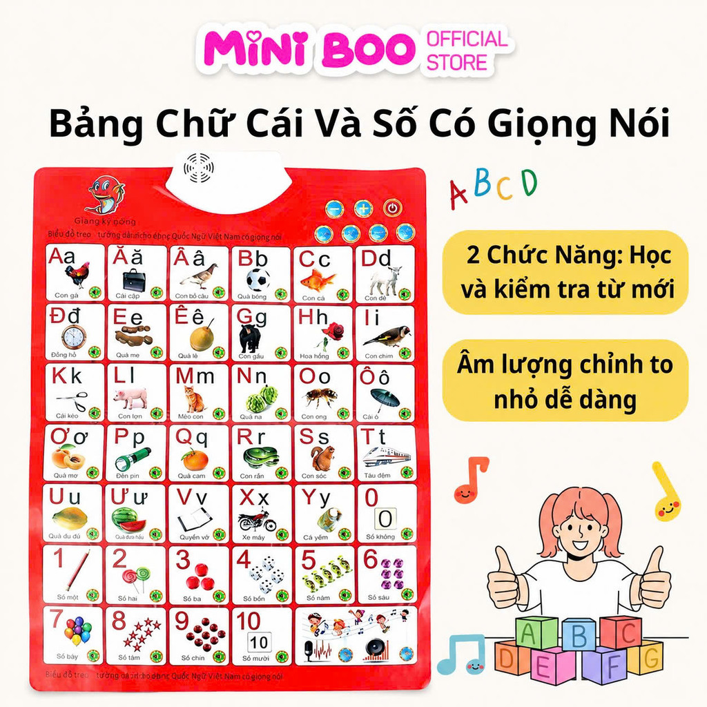 Bảng Chữ Cái Tiếng Việt Điện Tử Mini Boo Cho Bé – Có Giọng Nói, Học Số & Chữ