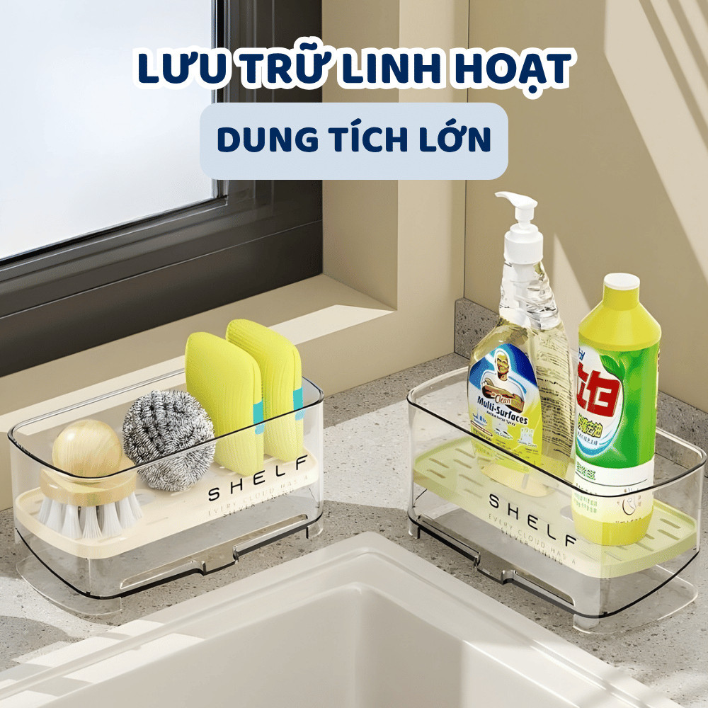 Kệ Để Đồ Rửa Chén Trong Suốt Có Khay Thoát Nước HOMIE, Giá Để Đồ Bồn Rửa Bát ABS Cao Cấp Chống Ẩm