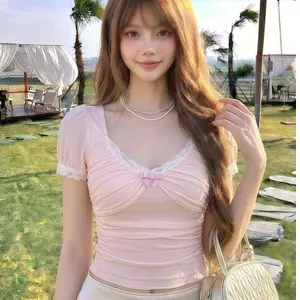 Áo thun ngắn cổ chữ V phong cách ngọt ngào dành cho nữ mùa hè Phong cách mới Gạc hai lớp Pure Desire Áo thun ngắn vừa vặn