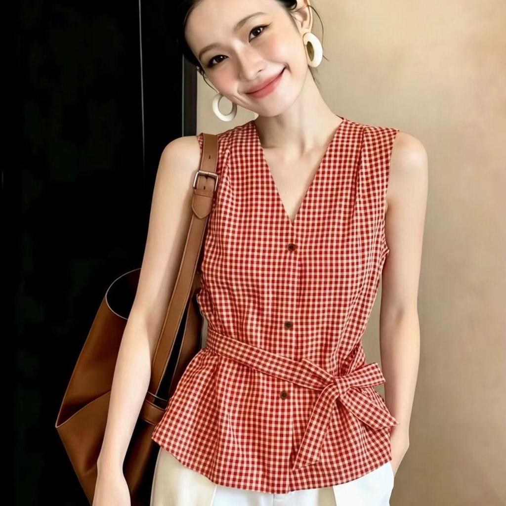 [Khuyến mãi trong thời gian có hạn] Áo sơ mi không tay kẻ sọc màu đỏ phong cách mới mùa hè Nơ viền viền ô phong cách Hàn Quốc Mặc hàng ngày