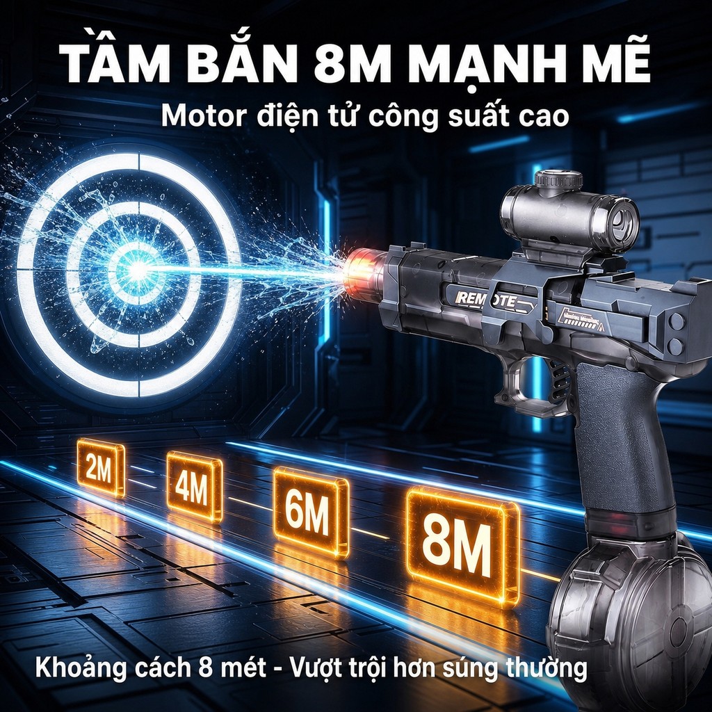 COD Súng nước điện tự động 2026 có đèn LED, tầm bắn 8m, bình chứa 500ml kèm kính ngắm đồ chơi hè cho trẻ em