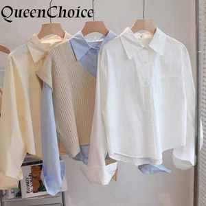 Áo sơ mi nữ Cotton dài tay học sinh Áo sơ mi nữ màu trắng trơn thường ngày Áo sơ mi hàng đầu