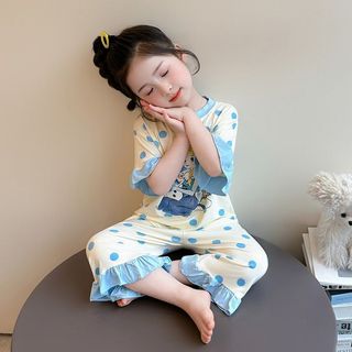 Bộ đồ ngủ bé gái mùa hè 2 món – set đồ mặc nhà lụa lạnh chấm bi viền bèo dễ thương