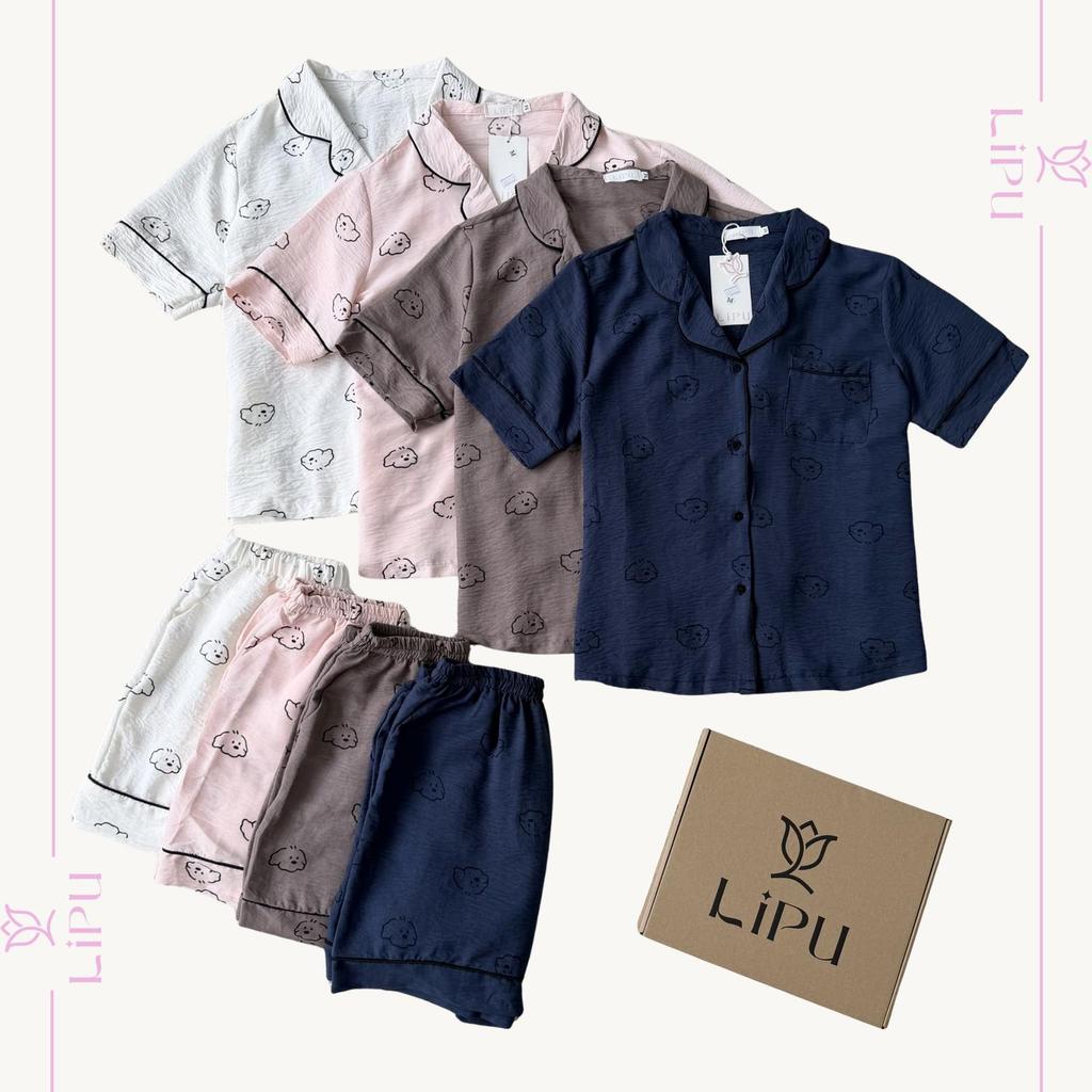 Set Pyjama Cộc Cổ Bẻ Họa Tiết Gấu Pha Viền S01 LIPU