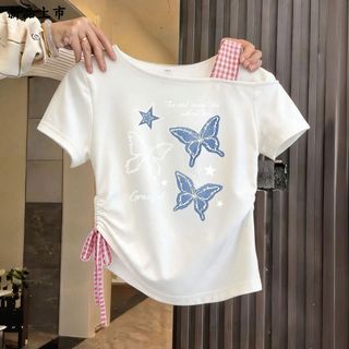 Áo thun bé gái cotton trắng tay ngắn lệch vai in hình bướm - áo mùa hè thời trang dễ thương