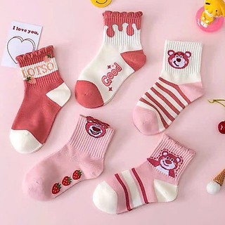 Set 5 Đôi Tất Cotton Cổ Cao Gấu Hồng LOTTO CỔ BÈo Cho Các Bé Gái te26