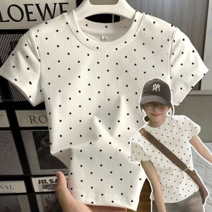 Mùa hè mới thời trang Hàn Quốc giản dị chấm bi in vai áo thun ngắn tay giảm béo cho nữ