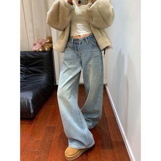 Quần jeans đính đá phong cách Mỹ dành cho nữ mùa xuân và mùa thu, quần ống rộng cạp cao dáng suông
