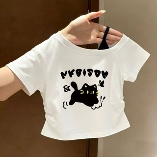 Áo thun bé gái in hình mèo dễ thương mùa hè - áo croptop lệch vai ôm dáng tôn eo thời trang