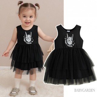 Váy vải tuyn cho bé gái mới biết đi - Không tay họa tiết tay bộ xương Halloween