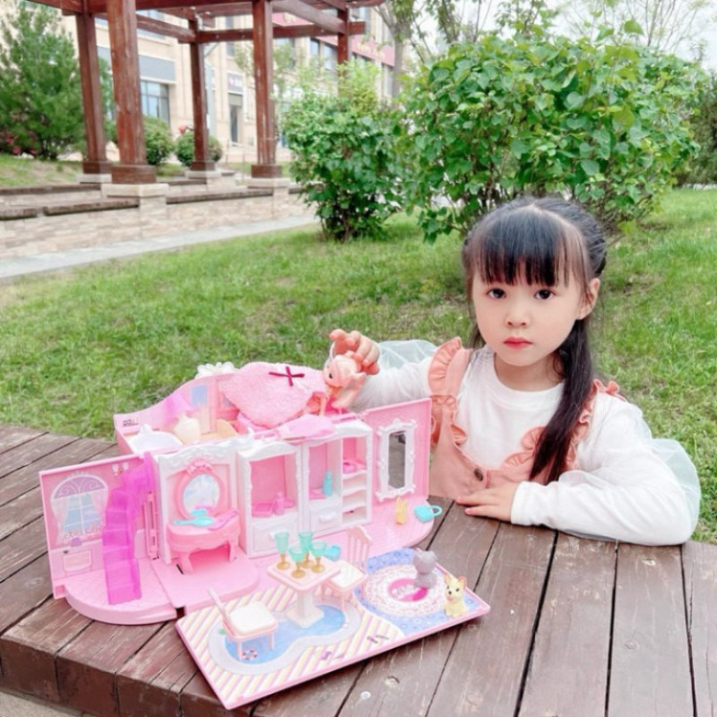 Ngôi Nhà Búp Bê Thiết Kế Dạng Túi Xách Kèm 2 Búp Bê,Tặng Xe Máy + Dải đèn LED,Quà Sinh Nhật Cho Cô Gái