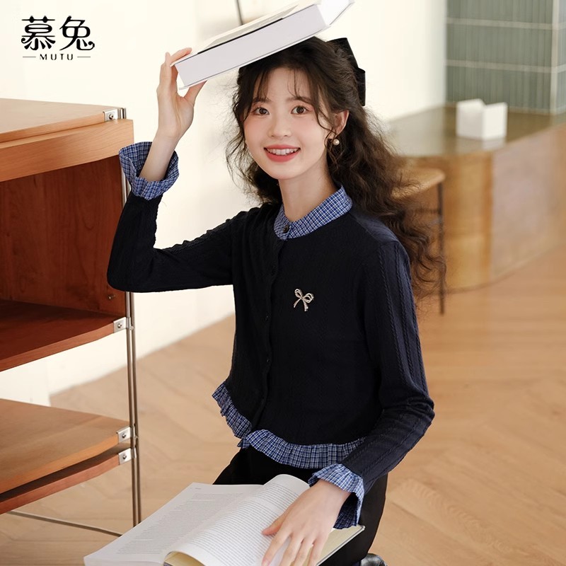 Mutu Phong Cách Pháp Giả Hai Mảnh Cổ Tròn Áo Len Cardigan Nữ Mùa Xuân 2026 Phong Cách Mới Preppy Phong Cách Dài Tay Dệt Kim Top