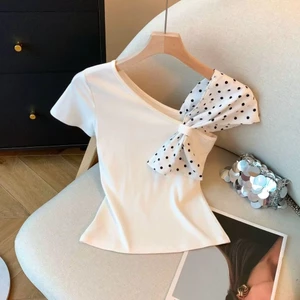 Milyfashion Slanted Vai Không Đều Chấm Bi Nơ Khâu Tay Ngắn T Mùa Hè Phong Cách Mới Ngắn Top Bé tee