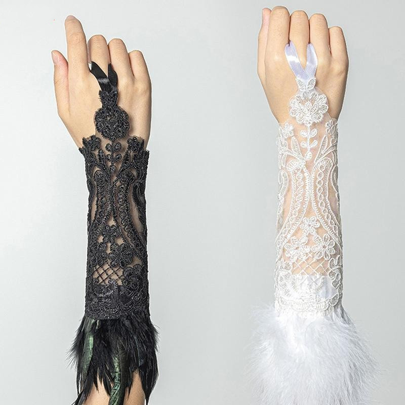Găng tay buộc ngón lông vũ ren Gothic - Phù hợp cho tiệc cưới và Halloween