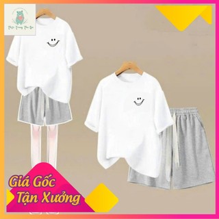 Sét Bộ Quần đùi trơn + mix áo phông form rộng-mặt cười in ngực-