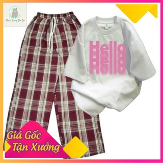 Sét Bộ Quần kẻ caro + mix áo phông form rộng tay lỡ -HELLO-