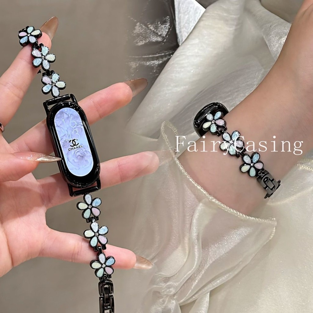 Dây đeo vòng tay hoa sang trọng cho Xiaomi Mi Band 10 9 8 7 6 5 4 3 Miband 10 Pro 9 8 Pro Dây đeo cổ tay Dây chuyền kim loại thời trang