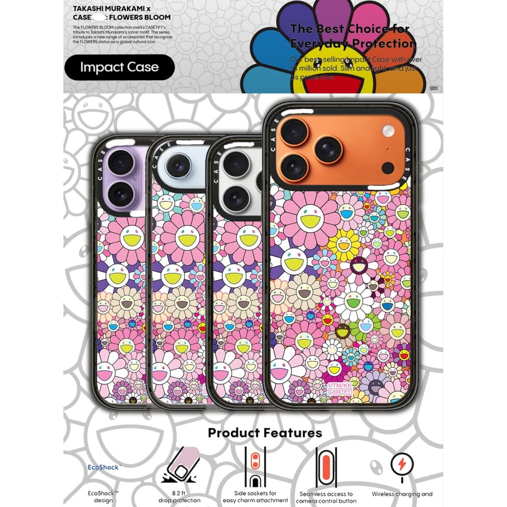 TAKASHI MURAKAMI x CASECASE: FLOWERS BLOOM (HỒNG) Vỏ tác động hút từ tính cứng trong suốt cho Apple IPhone 12 13 14 15 16 17 Pro Max Air Plus có hộp