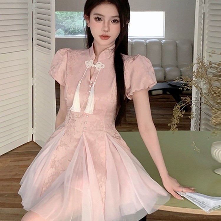 Váy sườn xám ngắn tay hiện đại phong cách Trung Quốc mới dành cho nữ, váy bồng bềnh kiểu tiên nữ thanh lịch ôm dáng