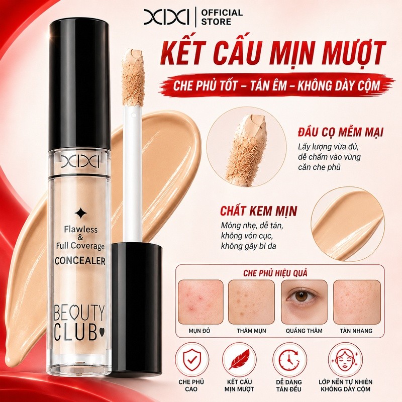 XIXI WM012 Kem Che Khuyết Điểm Dạng Lỏng, Che Quầng Thâm Mụn, Lâu Trôi, Mịn Nhẹ, Tự Nhiên