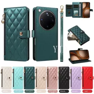 YJD Ốp Lưng Cho OPPO Find X9 Ultra Gingham Phong Cách Khe Cắm Thẻ Da Dây Kéo Bên Dây Đeo Tay Chống Rơi Vỏ Điện Thoại