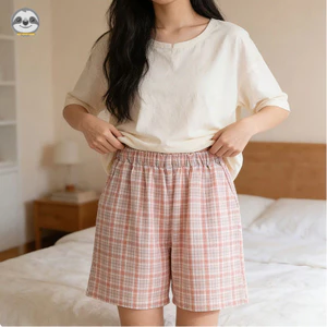 Quần Pyjama Cotton nguyên chất kẻ sọc cặp đôi / Quần short nam nữ mùa hè dáng rộng tại nhà / Quần short ngoài trời thoải mái