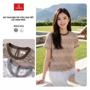 Áo thun nữ CARDINA chất liệu ren tay cộc họa tiết cổ tròn phối màu 6ARC05
