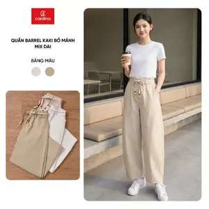 Quần dài nữ CARDINA dáng barrel kaki bổ mảnh mix đai 6QDB04