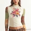 MAPLEPOET-Áo lưới Sheer hàng đầu chắp vá dài tay cổ áo in hoa Slim Fit cho hàng ngày