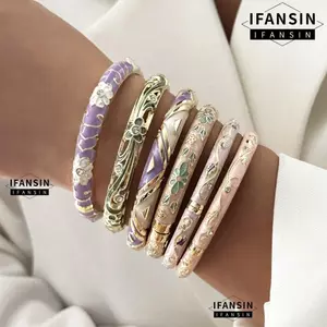 Vòng tay hoa IFANSIN, Vòng tay hoa tráng men nhỏ giọt, Phong cách dân tộc cổ điển Màu vàng Cloisonne Lắc tay Trang sức