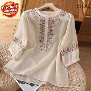 Giao hàng nội địa từ Việt Nam Mỏng Phong Cách Cổ Tròn Áo Sơ Mi Thêu Nữ Rời Nút - Perfect Cho Mùa Hè