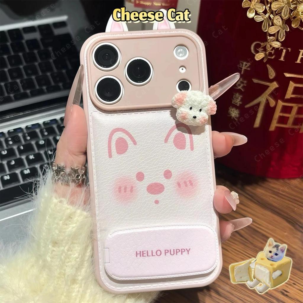 Gương Đứng Dễ Thương Tai Cún Con Màu Hồng Da Ốp Lưng Điện Thoại iPhone 17 11 12 13 14 15 Plus Xs Max XR 7Plus 16 Pro Max