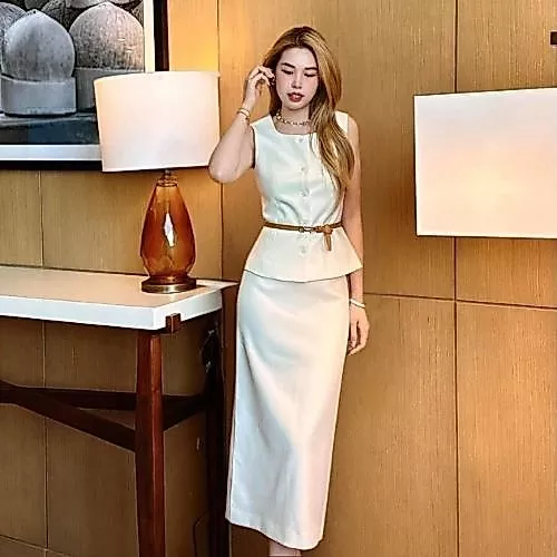 Set Áo Croptop 2 Dây Bản To Kèm Chân Váy Midi, Đầm Nữ Tiểu Thư 2 Dây Bảng To Chân Váy Dáng Xòe