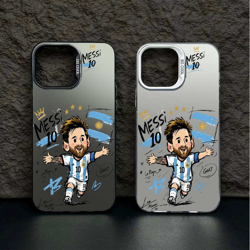 Ốp lưng iPhone hoạt hình họa tiết Messi phủ kim loại IMD iP 17 16 15 14 13 12 11 Pro Max Plus X Max 7 8 Plus Air