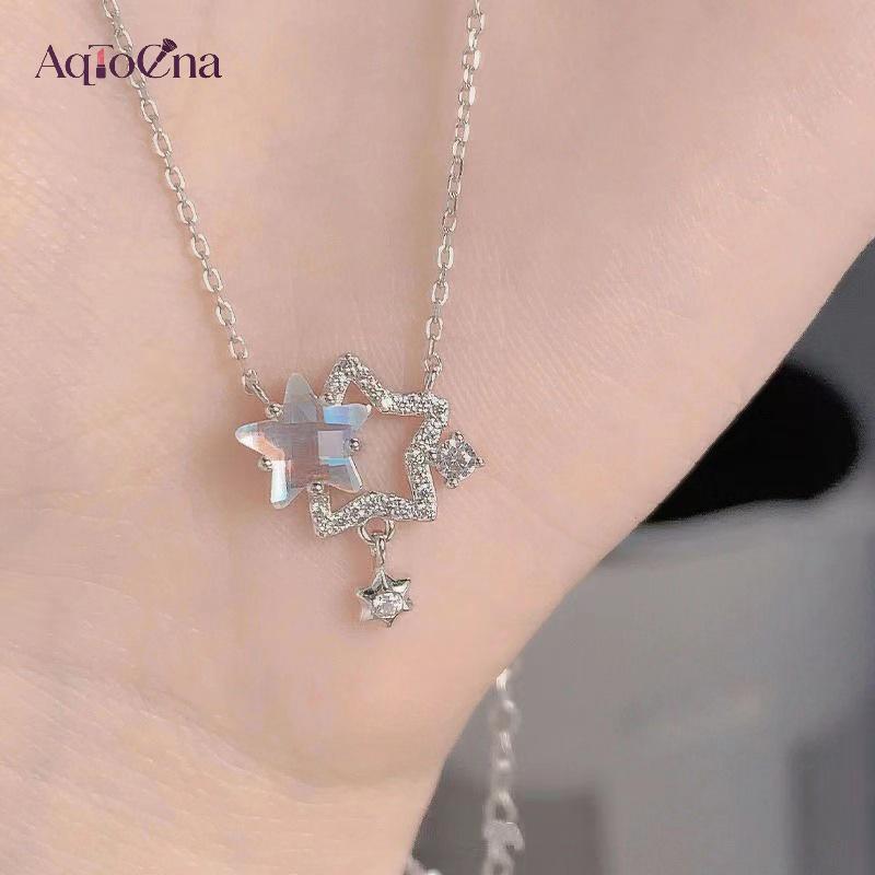AqToCna Rỗng Kim Cương Giả Đôi Ngôi Sao Nelace Nữ Xương Đòn Dây Chuyền Thiết Kế Cảm Giác Cho Bạn Gái Trang Sức Dự Tiệc Lễ Tình Nhân Quà Tặng AqToCna