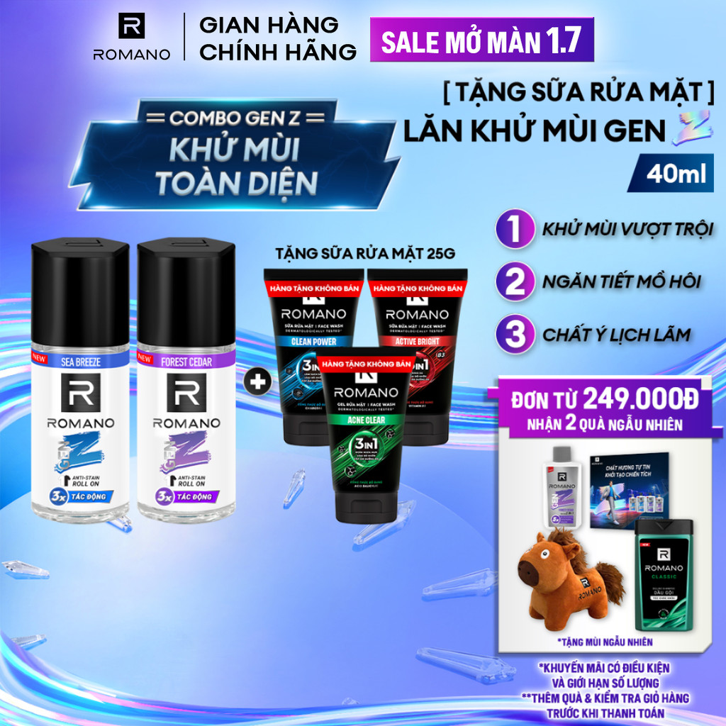 [Tặng Sữa rửa mặt 25g] Lăn khử mùi Romano Gen Z Khử mùi vượt trội - Ngăn vệt ố vàng 40ml (Tặng mùi ngẫu nhiên)