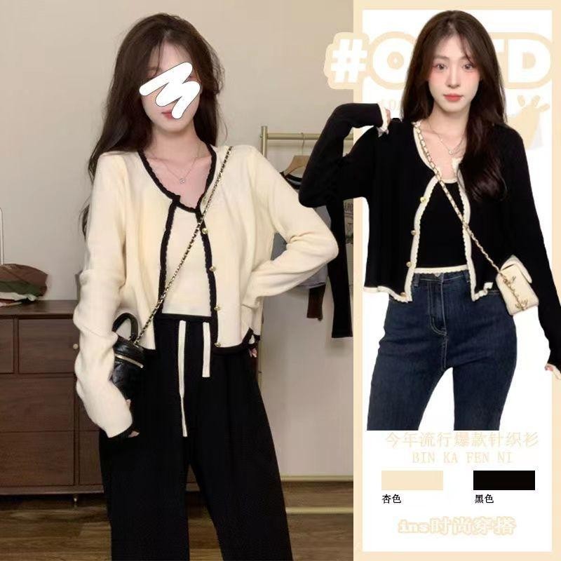 Áo Len Dệt Kim Phong Cách Pháp Dễ Thương Và Gợi Cảm Cho Nữ Mùa Xuân Bộ Sữa Mới Phong Cách Cardigan Bộ Đồ Hai Mảnh