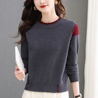 Áo len nữ tay dài cổ tròn màu đỏ, dệt kim mỏng, phong cách Hàn Quốc