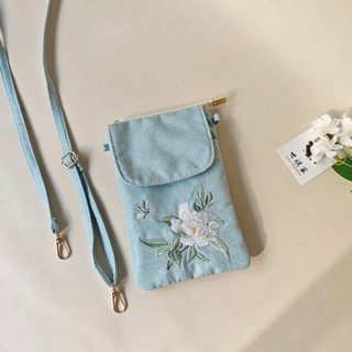 Đeo Chéo Thêu Dây Kéo Túi Điện Thoại Di Động Nhỏ Tươi Vải Lanh Cotton Retro Đeo Ngang mini Túi Nhỏ Thường Ngày Trắng Phù Hợp Với Văn Học Hàng Ngày Nghệ Thuật