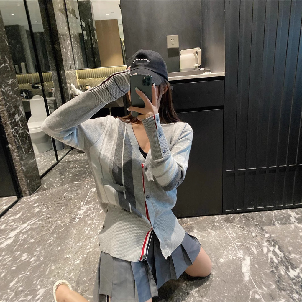 thombrowne Gray Contrast Color Striped Cardigan8787Style Color Block Knitted Jacket Asymmetric Striped Jacquard Sweater Top for Women
