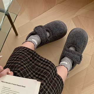 XIXITIAO Giày Cotton Đế Dày Lót Lông Cừu Giữ Ấm Nữ Thu Đông Dễ Thương Pháp Thoải Mái