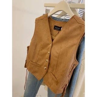 Áo Vest Da Lộn Ren Phong Cách Melard, Thiết Kế Mùa Thu, Cổ Chữ V Ngắn Không Tay