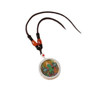 Hai mặt thangka Gawu vẽ tay Manjusri xanh với mẹ Amitabha, đựng trong hộp bạc tròn - kích cỡ 25.9cm và 30cm