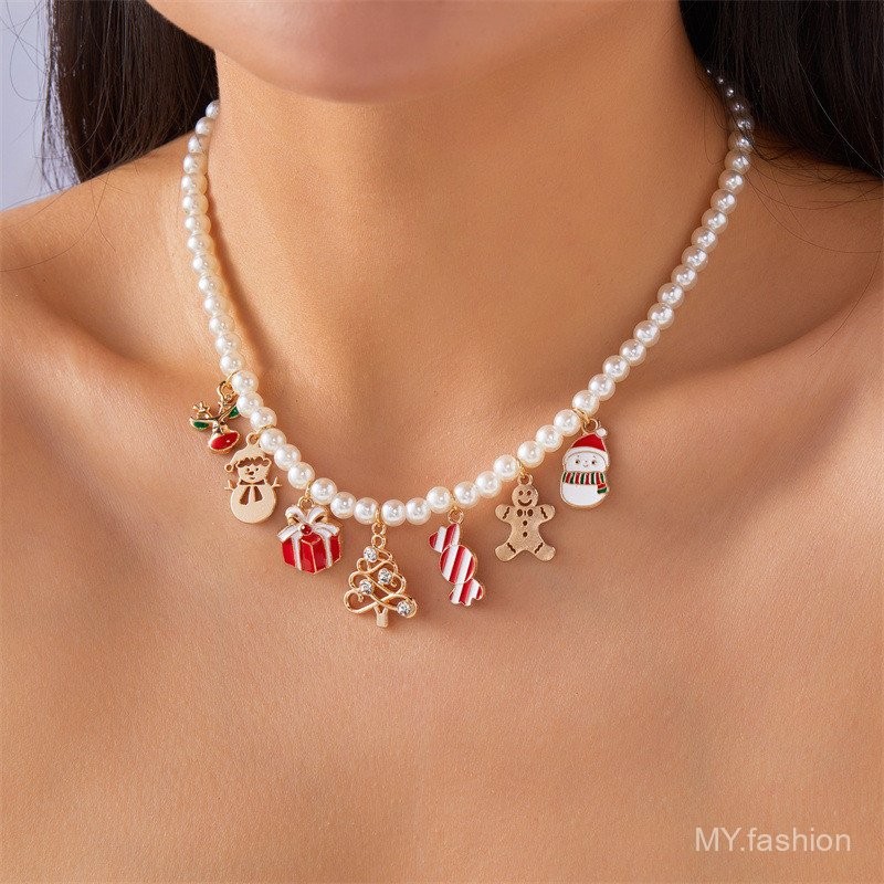 Vòng cổ mặt dây chuyền hình bánh quy và người tuyết, phù hợp cho dịp Giáng sinh