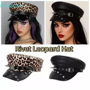 Mũ da báo đinh tán FUJIZOU, Mũ nồi Hip-hop Punk Y2k, Mũ lưỡi trai bằng da Pu thời trang Harajuku Gothic Flat Top Cap dành cho nữ