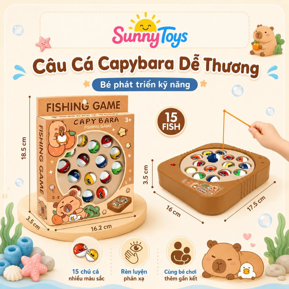 Bàn Câu Cá Xoay Tự Động 15 Con SunnyToys - Mẫu Capybara, Labubu, Baby Shark Cho Bé Nhanh Tay