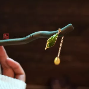 WHX [Hàng rào màu xanh vàng | Mới Phong Cách Trung Quốc Kẹp Tóc Xanh Tự Nhiên Gỗ Đàn Hương Kẹp Tóc Cam Tua Rua Kẹp Tóc Nữ Cổ Cuộn Phụ Kiện Tóc