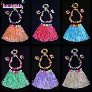 BORAGETE 5 Cái / bộ Váy Hawaii Lạ Mắt, Vòng Hoa Vòng Tay Vòng Hoa Hula Show Váy Cỏ, Trang Trí Tiệc Sợi Nhựa Đầy Đủ Quyến Rũ Phong Cách Hawaii Đầm Cỏ Nữ