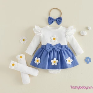 Bộ áo liền quần dài tay cổ chữ O mùa thu cho bé gái Bộ áo liền quần có dấu hoa 3D + Băng đô + Bộ tất