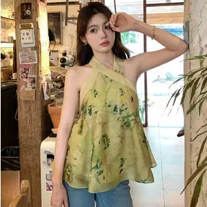 Áo Vest cổ dây phong cách Trung Quốc mới phong cách Trung Quốc Áo sơ mi không tay cao cấp dành cho nữ mùa hè Áo sơ mi trẻ em màu xanh lá cây đẹp